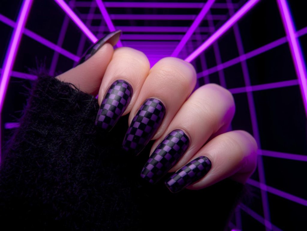  Neon purple black checkered nail art with black patterns.