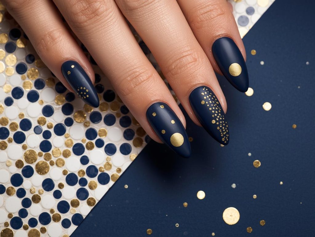 Matte navy gold polka dot nail art with gold patterns.