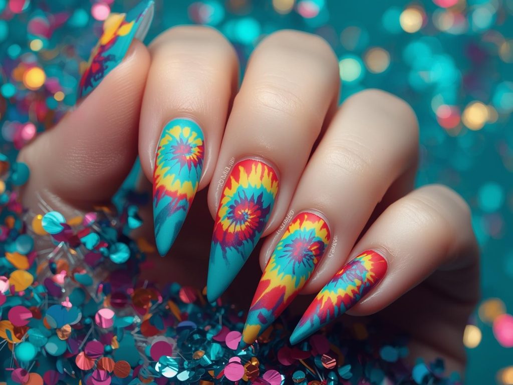 Festival Nail Designs: Vibrant and Pinterest-Worthy Manicures to Adore 9 Vibrant turquoise rainbow tie-dye nail art with rainbow patterns.