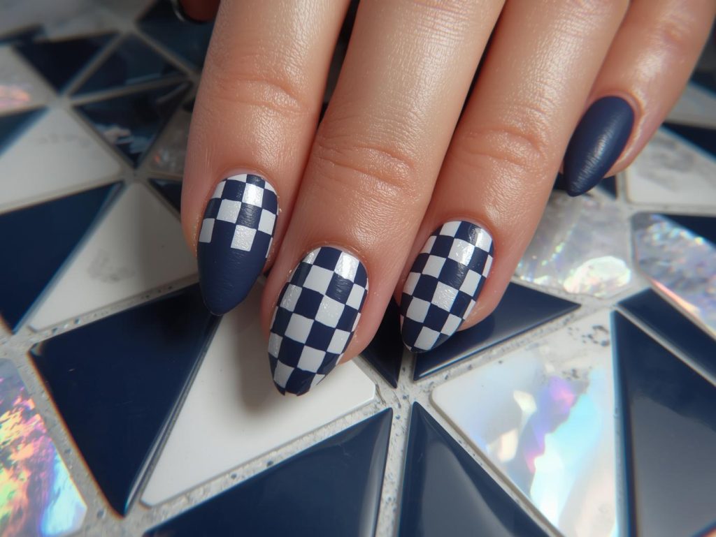 Matte navy and ivory checkerboard nail art with holographic patterns.