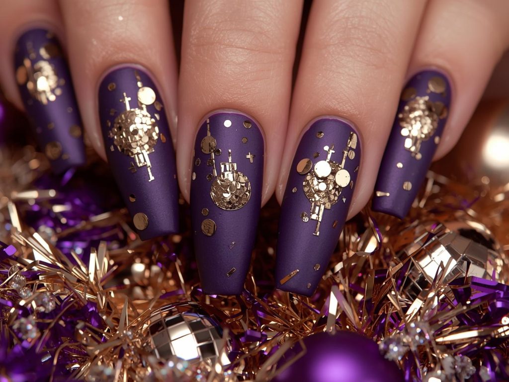 Party Nail Designs: Bold and Pinterest-Worthy Manicures to Adore 9 Deep violet gold foil disco ball nail art with gold patterns.