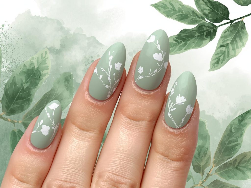 Watercolor Nail Designs: Dreamy and Pinterest-Worthy Manicures to Adore 9 Matte sage green white watercolor nail art with white accents.