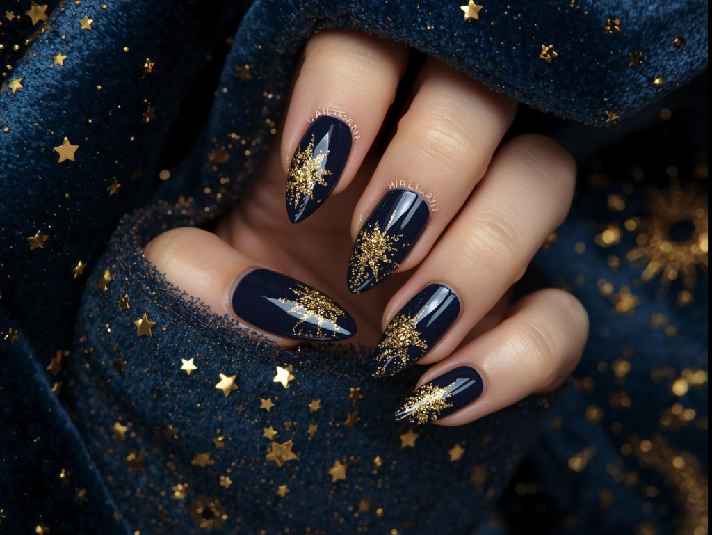 Deep navy gold glitter starburst accent nail art.
