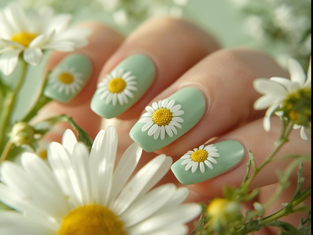 Soft mint green daisy nail art with white accents