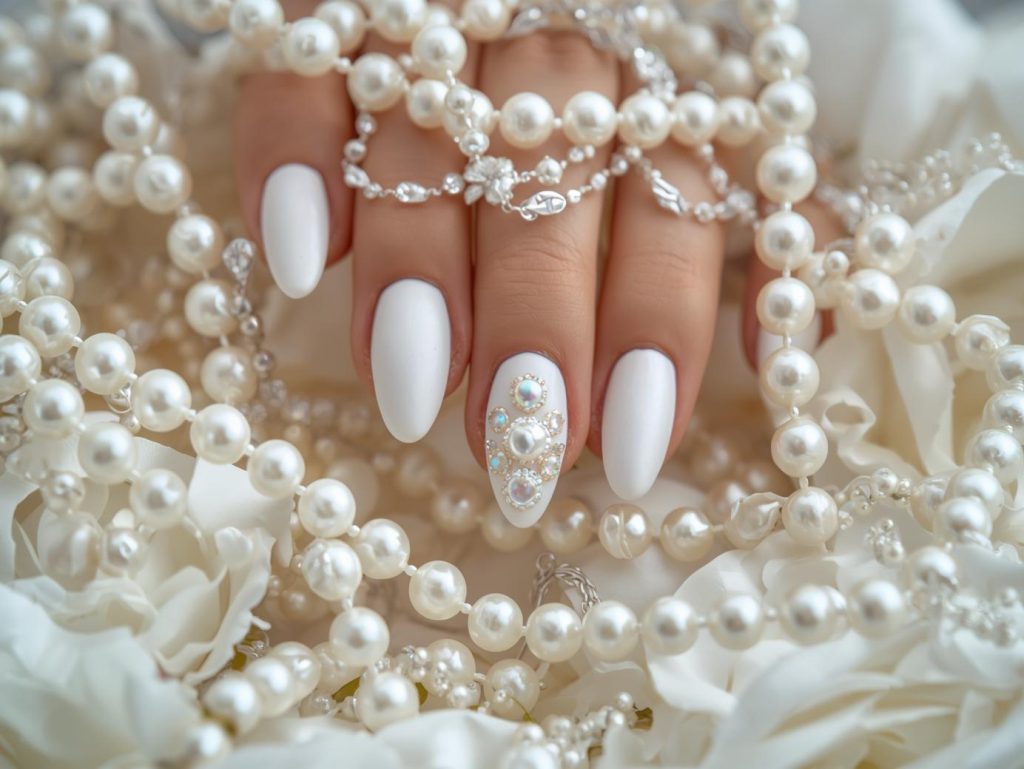Classic white pearl embellishment nail art with pearl accents.