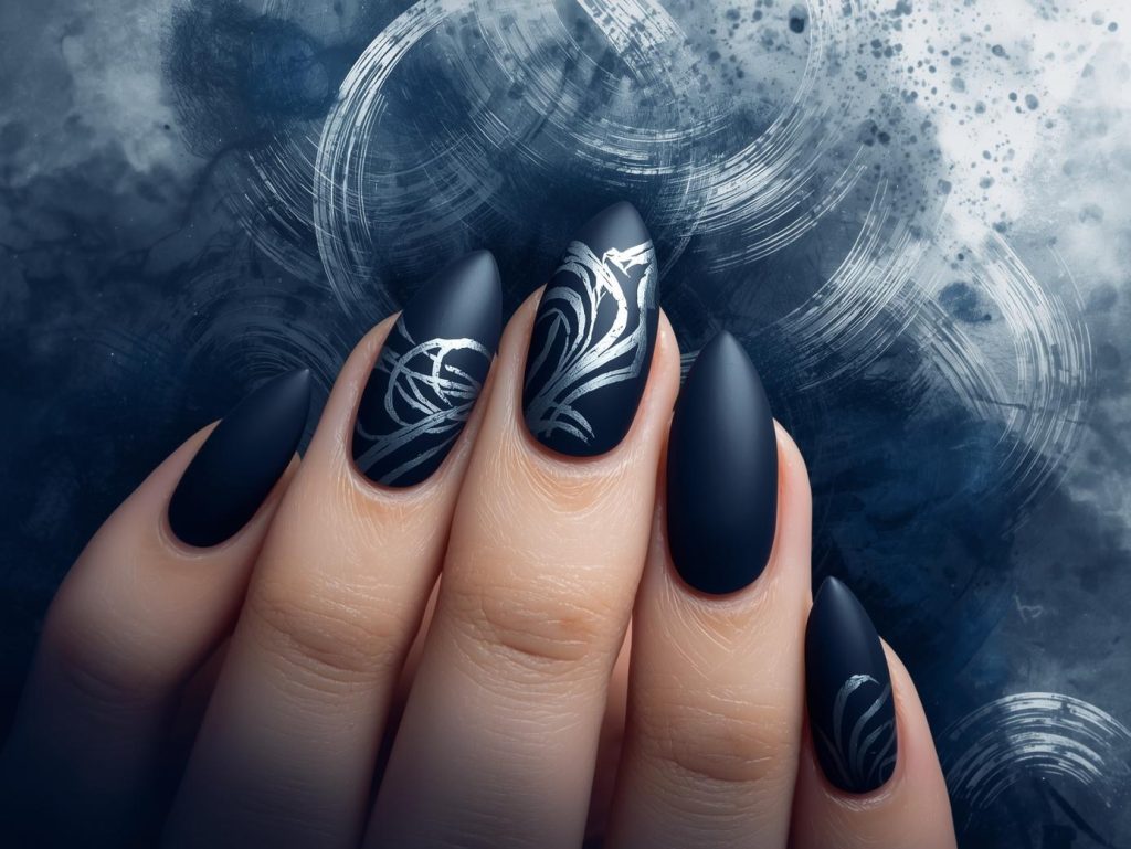  Matte navy silver airbrush nail art with silver patterns.