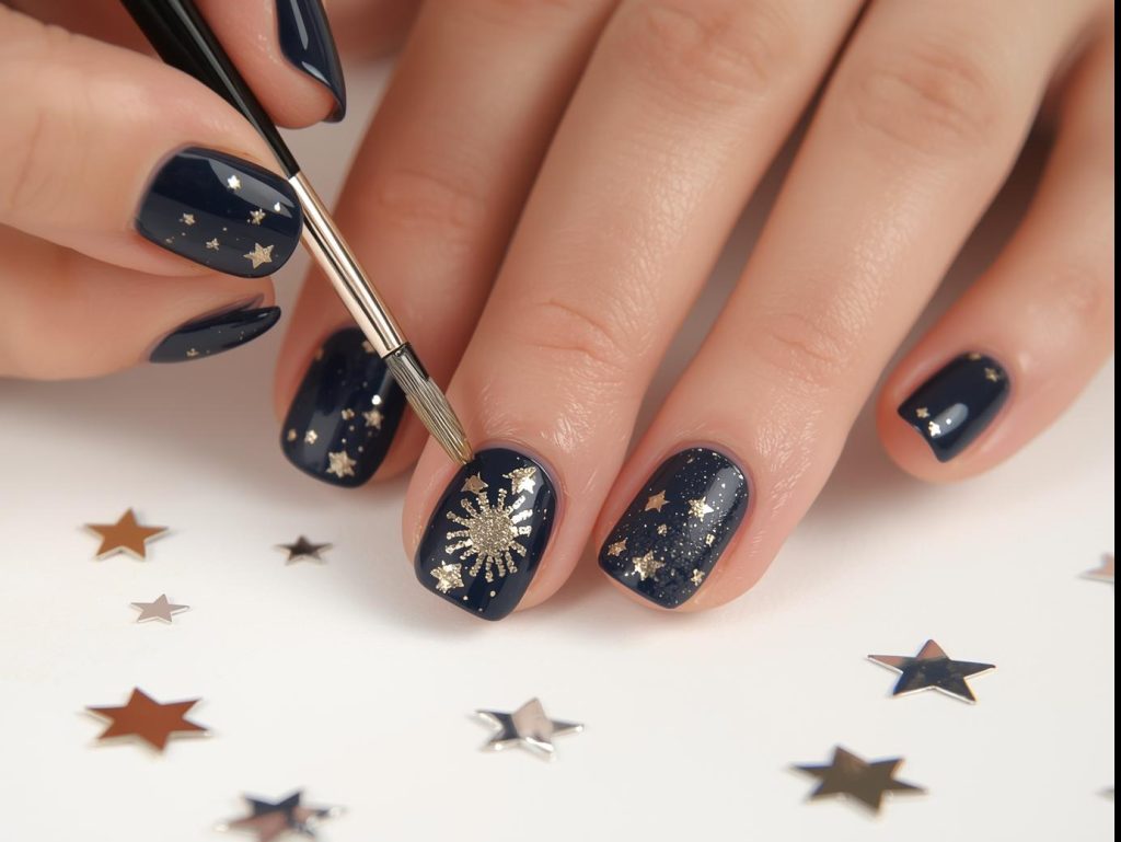 Creating deep navy gold glitter starburst accent nail art with gold polish.