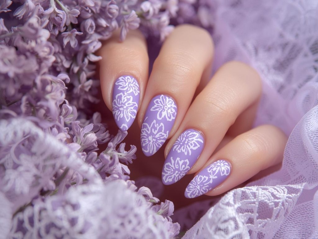 Lavender Nail Designs: Dreamy and Pinterest-Worthy Manicures to Adore 9 Bold lavender floral lace nail art with white patterns.