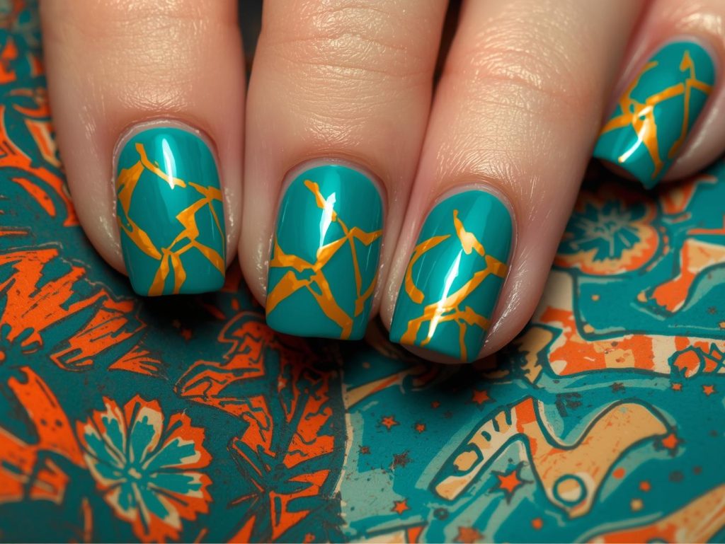 Teal orange geometric nail art with orange shapes.