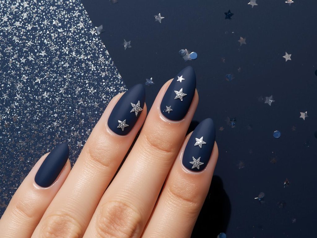  Matte navy silver star sticker nail art with silver stickers.