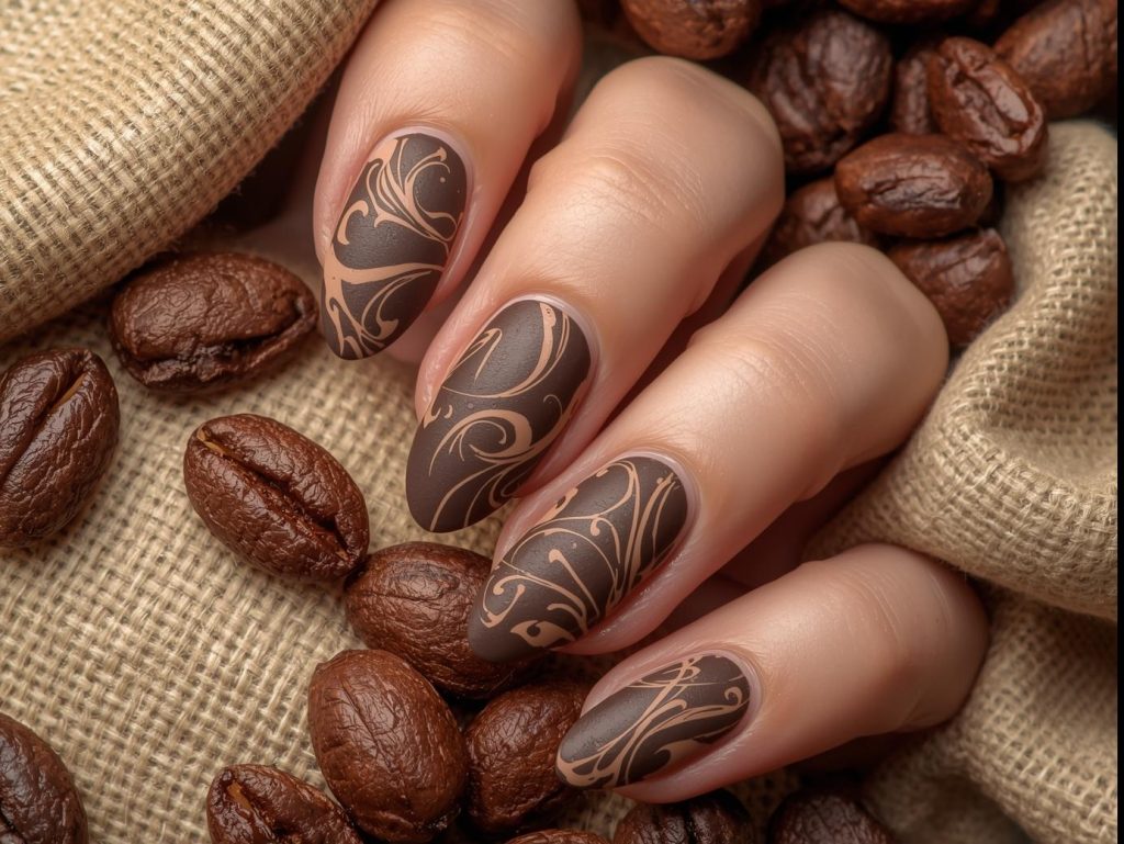 Brown Nail Designs: Warm and Pinterest-Worthy Manicures to Adore 9 Deep mocha creamy beige swirl nail art with beige patterns.