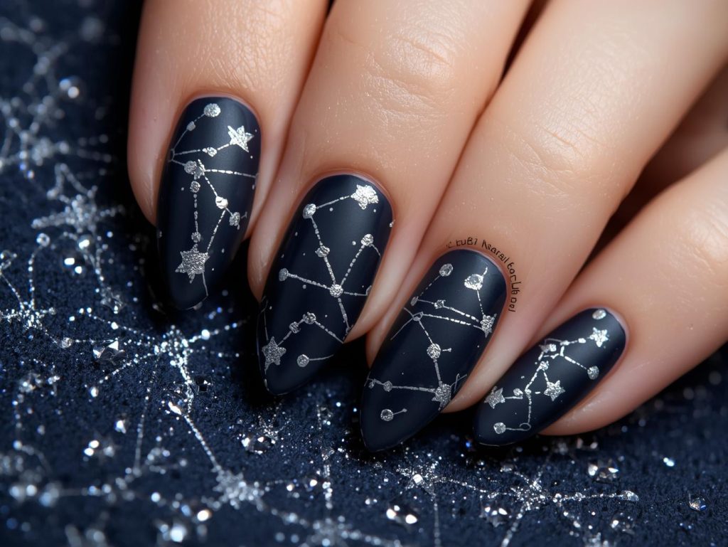 Matte navy silver constellation decal nail art with silver decals.