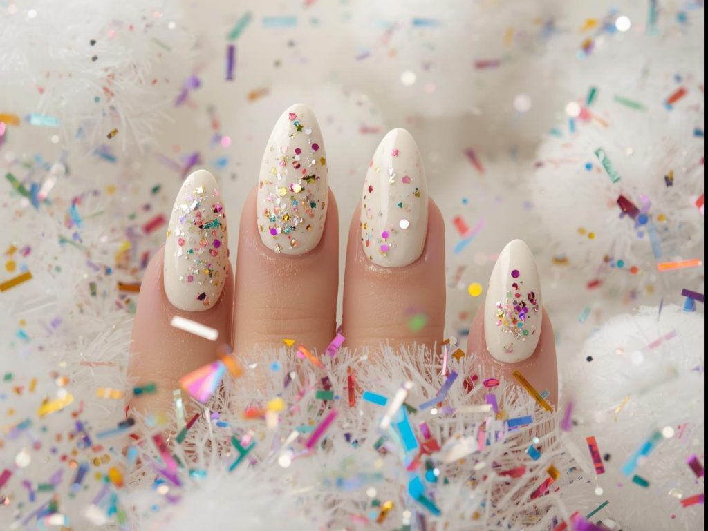 Creamy white rainbow glitter confetti accent nail art.