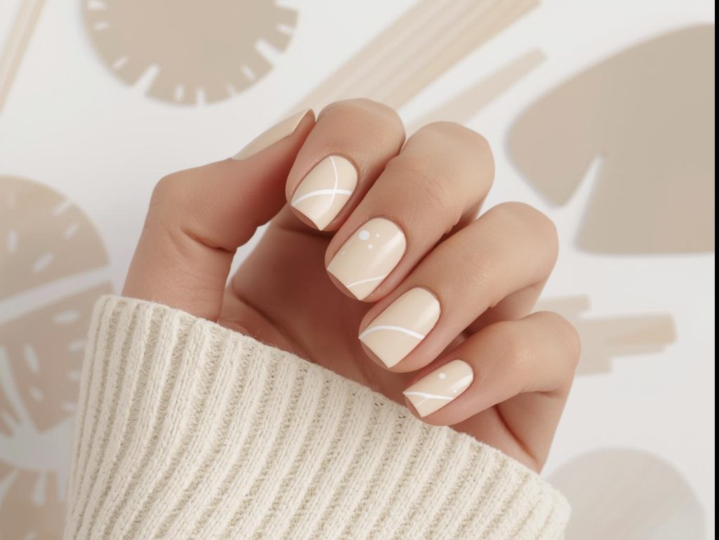 Beige Nail Designs: Elegant and Pinterest-Worthy Manicures to Adore 10 Creating creamy beige minimalist line nail art with white patterns.