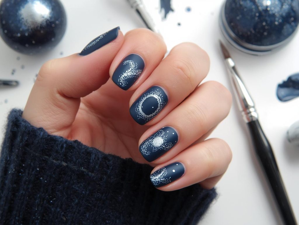 Creating matte navy silver galaxy hand painted nail art with silver galaxy swirls.