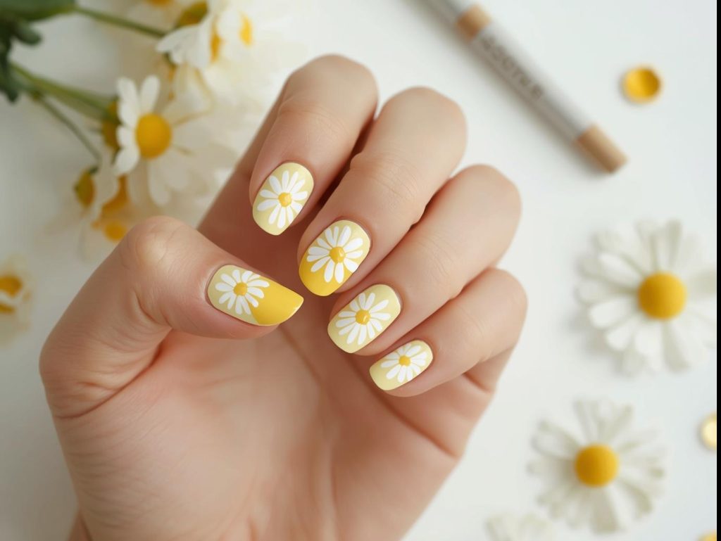 Creating soft lemon yellow white daisy nail art with white patterns.