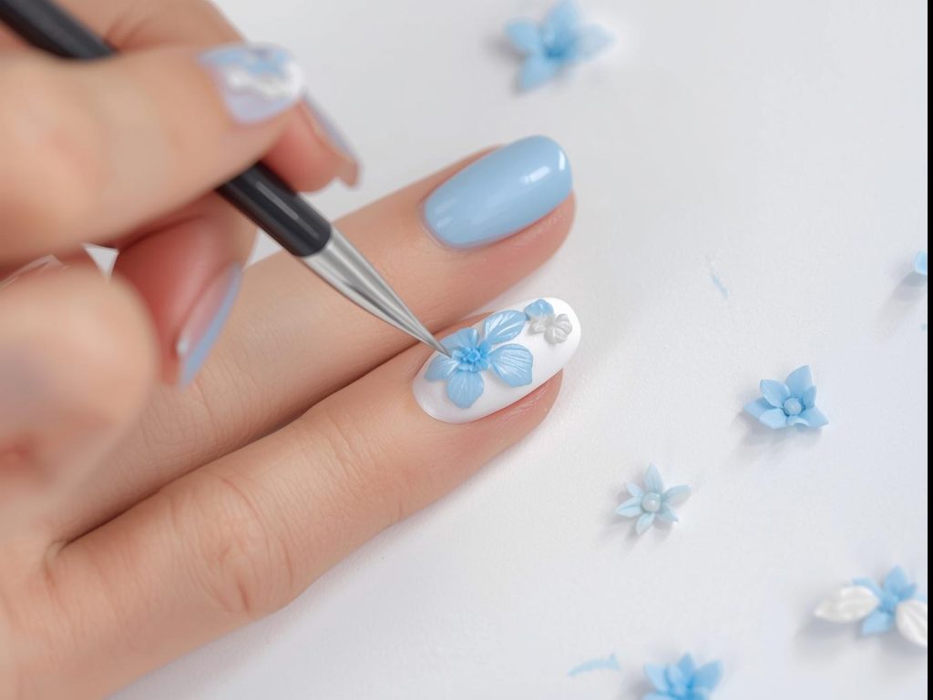 Creating textured floral pattern 3D nails with white and pastel blue acrylic.