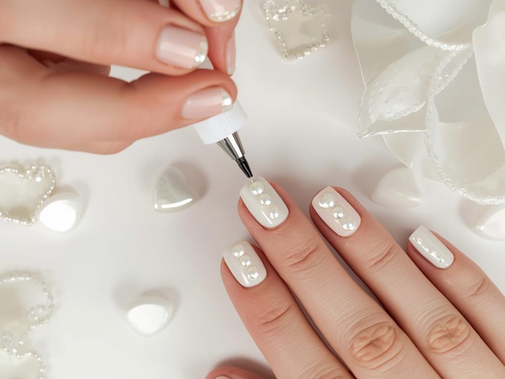 Mother's Day Nail Designs: Heartfelt and Pinterest-Worthy Manicures to Adore 10 Creating classic ivory pearl heart nail art with pearl embellishments.