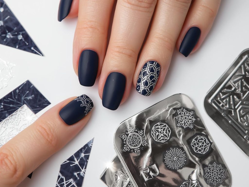 Creating matte navy silver geometric stamped nail art with silver geometric stamps.