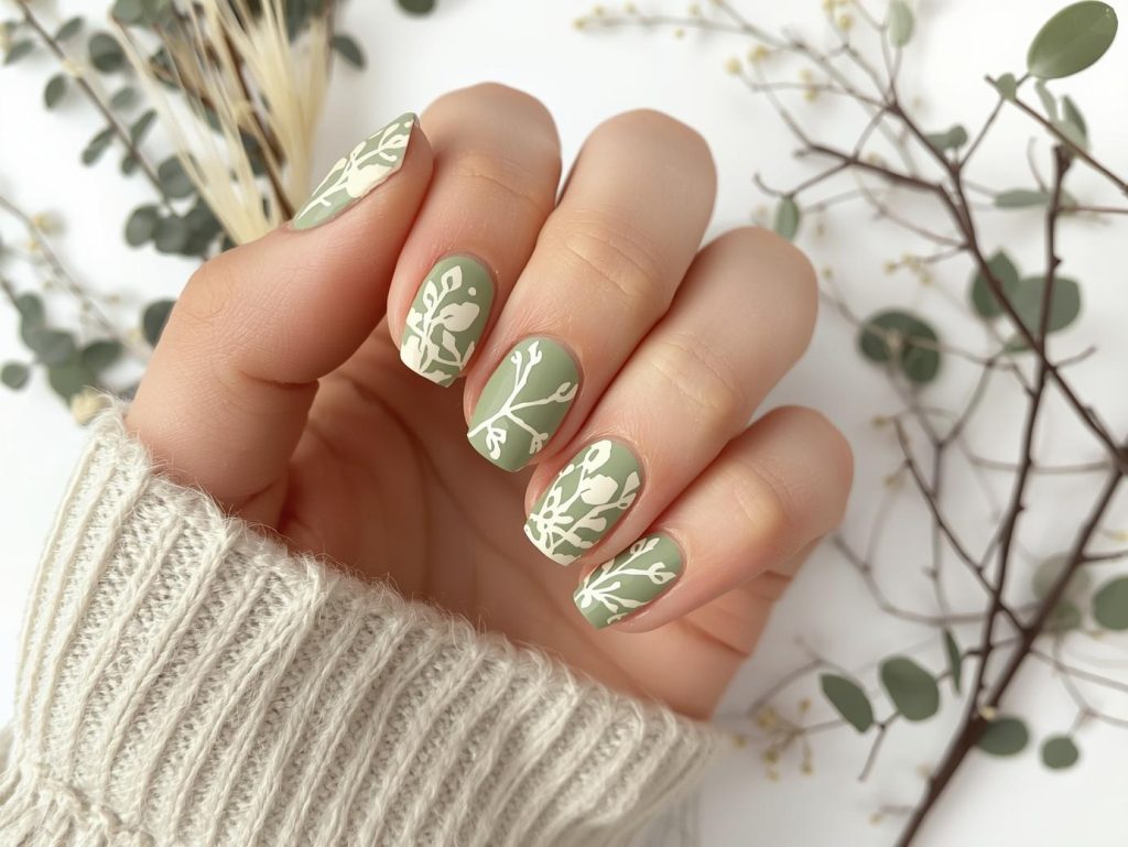 Olive Green Nail Designs: Earthy and Pinterest-Worthy Manicures to Adore 10 Creating soft olive green creamy beige vine nail art with beige patterns.