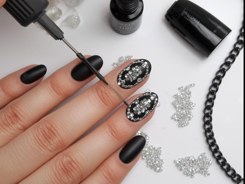  Creating bold black with silver rhinestone cluster nail art with matte black polish and rhinestones.