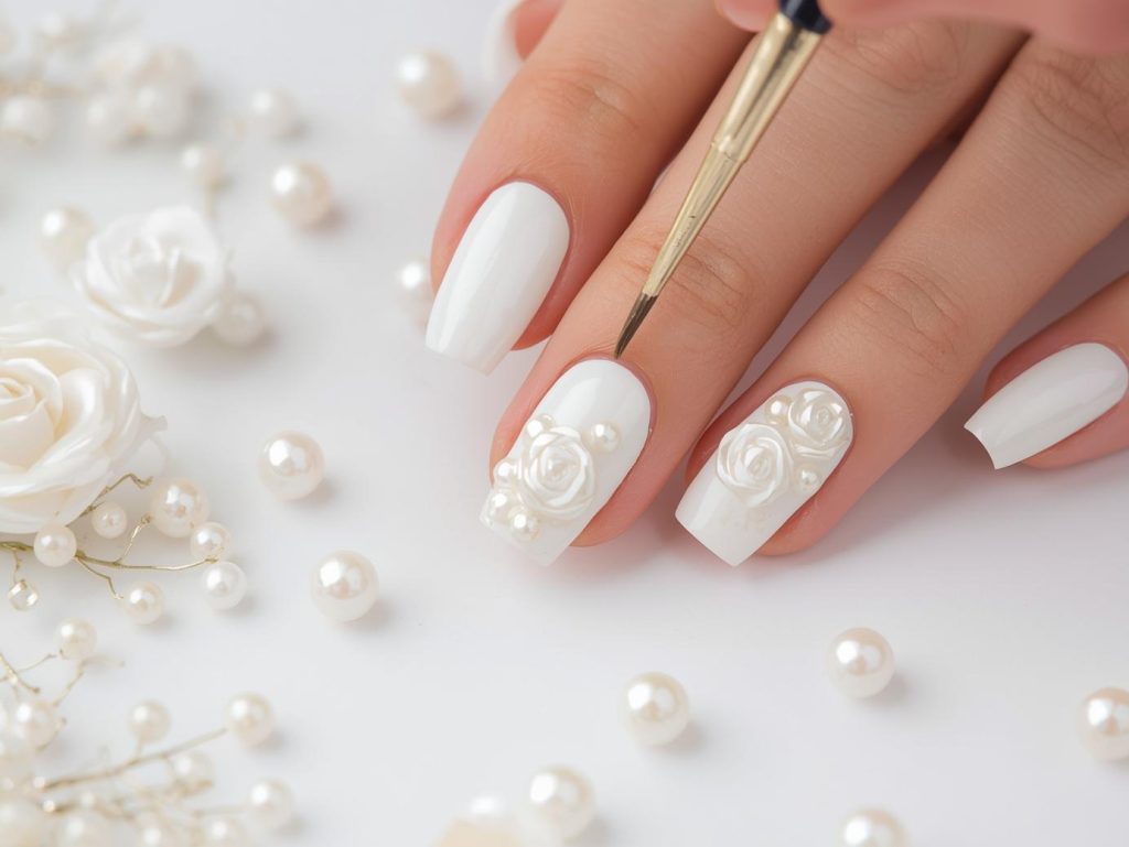 Creating classic white pearl rose nail art with pearl patterns.