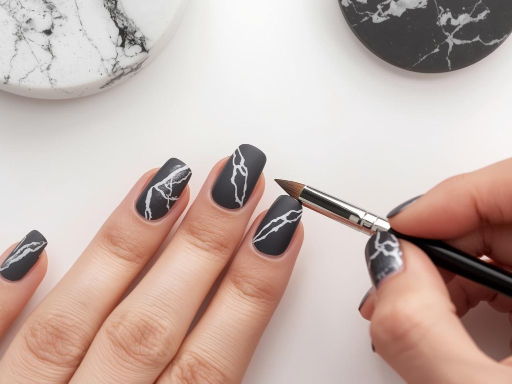 Creating deep charcoal white marble nail art with white patterns.