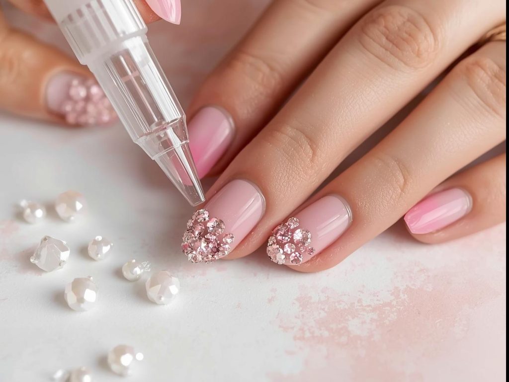 Creating vibrant rose quartz gem nail art with pink polish and crystals