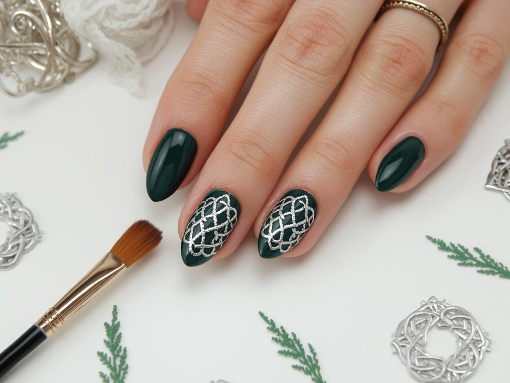 Creating deep forest green silver Celtic knot nail art with silver patterns.