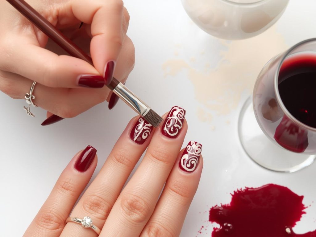  Creating rich burgundy creamy ivory swirl nail art with ivory patterns.