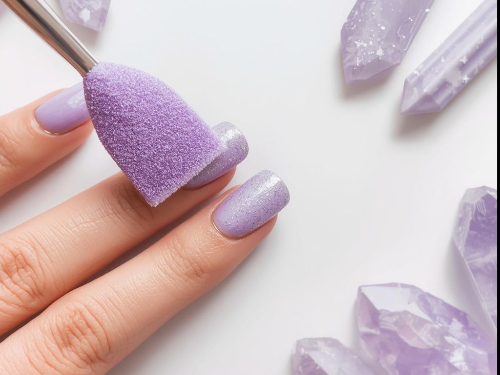 Creating soft lavender frosted nail art with glitter tips.