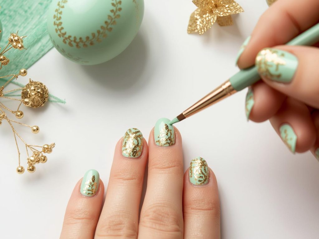 Easter Nail Designs: Playful and Pinterest-Worthy Manicures to Adore 10 Creating mint green gold glitter egg nail art with gold patterns.
