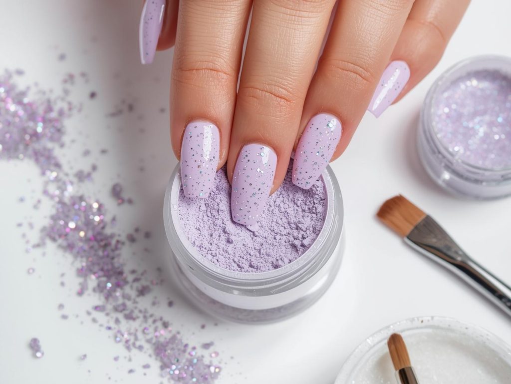 Creating soft lavender holographic shimmer dip powder nail art with holographic shimmer.