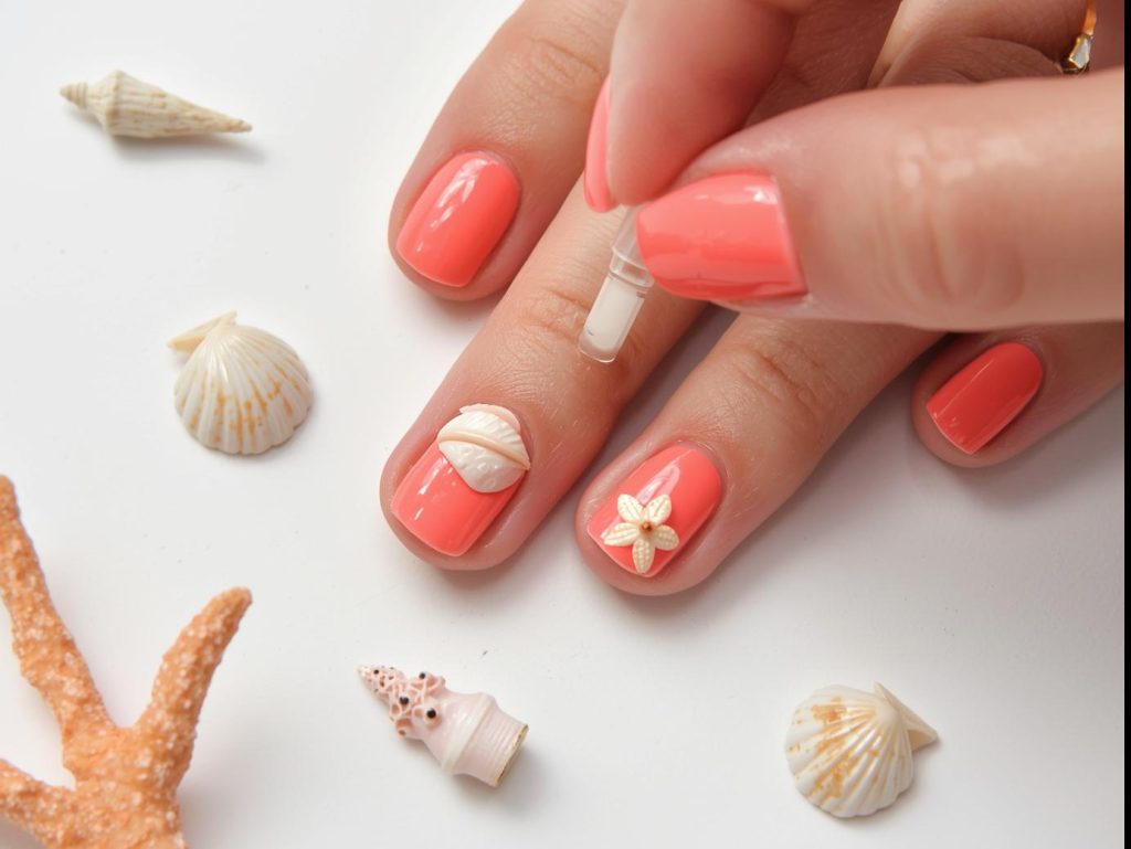 Mermaid Nail Designs: Enchanting and Pinterest-Worthy Manicures to Adore 10 Creating glossy coral mermaid nail art with seashell embellishments.