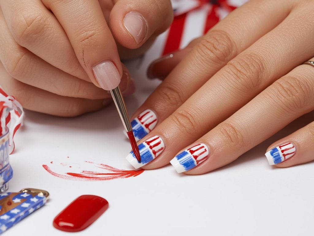 Creating glossy white red and blue stripe nail art with stripe patterns.