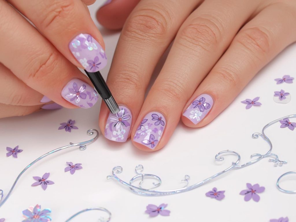  Applying soft lavender holographic floral press on nail art with holographic floral patterns.
