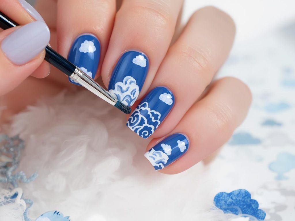 Creating sapphire blue white cloud nail art with white patterns.