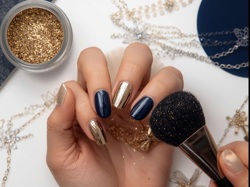 Creating shimmering gold mirror accent nail art with navy polish and chrome powder.