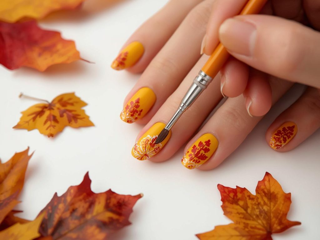 Fall Leaves Nail Art: Cozy and Pinterest-Worthy Manicures to Adore 10 Creating olive green copper acorn nail art with copper patterns.