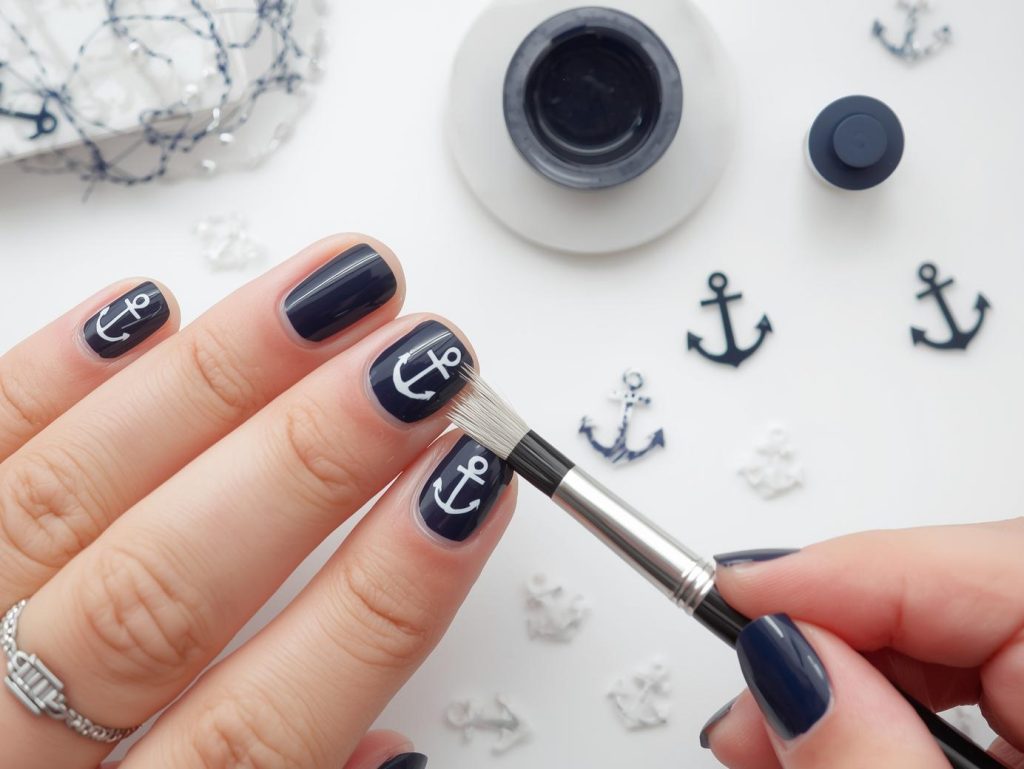 Navy Nail Designs: Bold and Pinterest-Worthy Manicures to Adore 10 Creating deep navy white minimalist anchor nail art with white patterns.