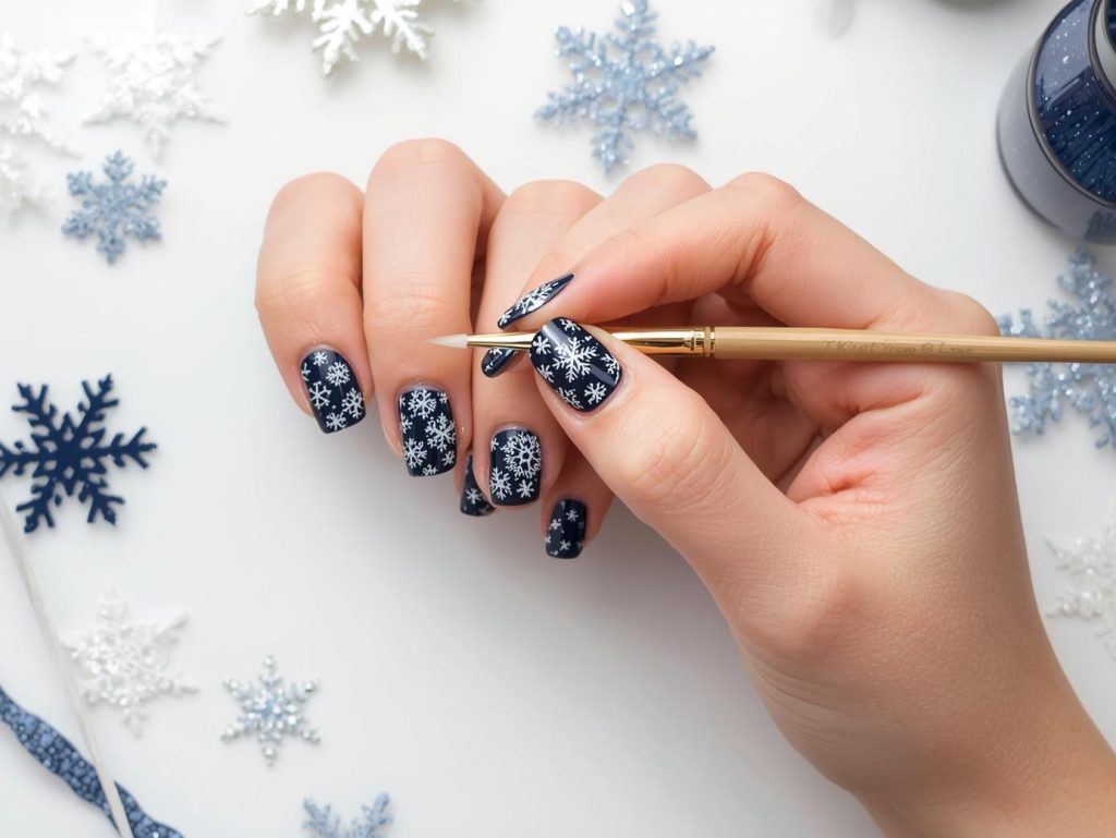 Snowflake Nail Designs: Wintry and Pinterest-Worthy Manicures to Adore 10 Creating deep navy white glitter snowflake nail art with white glitter patterns.