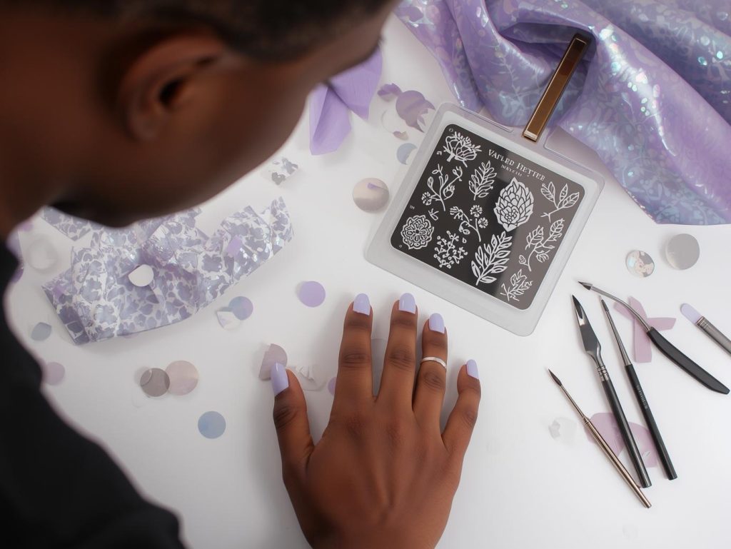 Creating soft lavender holographic floral stamped nail art for a nail artist portfolio.