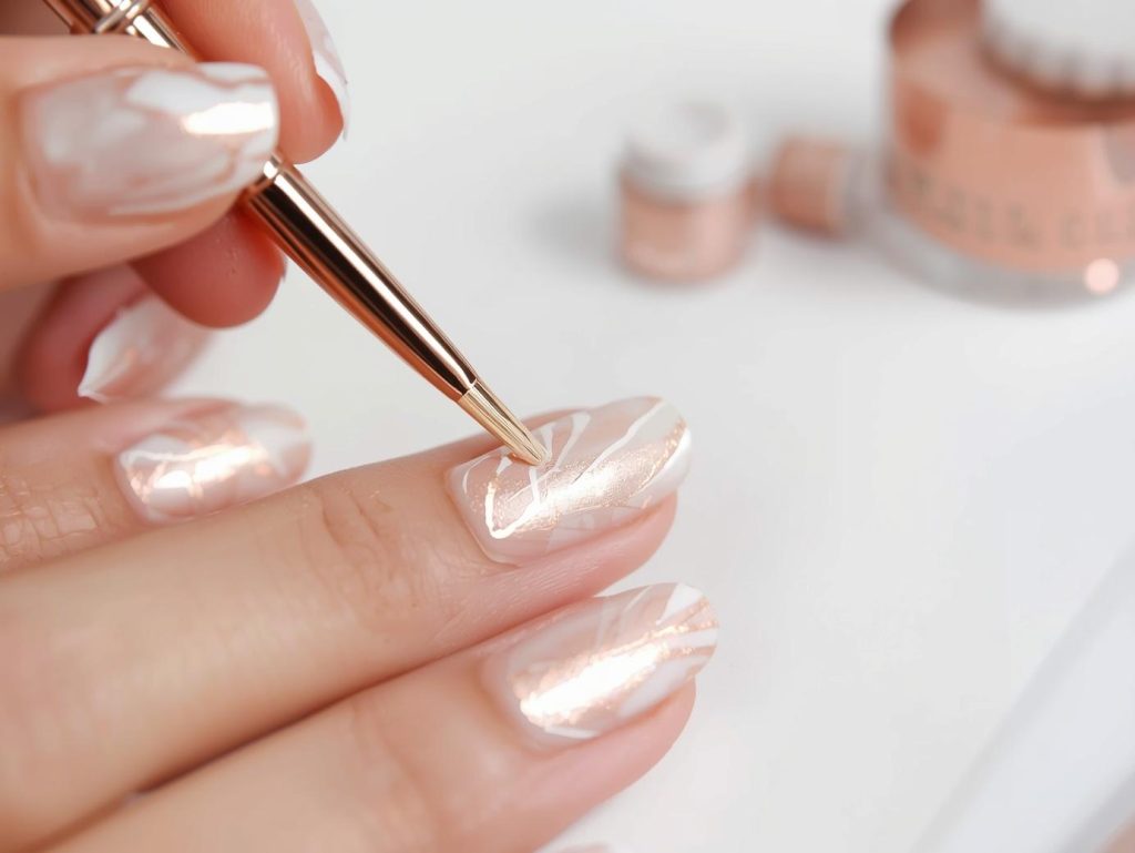 Creating soft rose gold white marble nail art with white patterns.