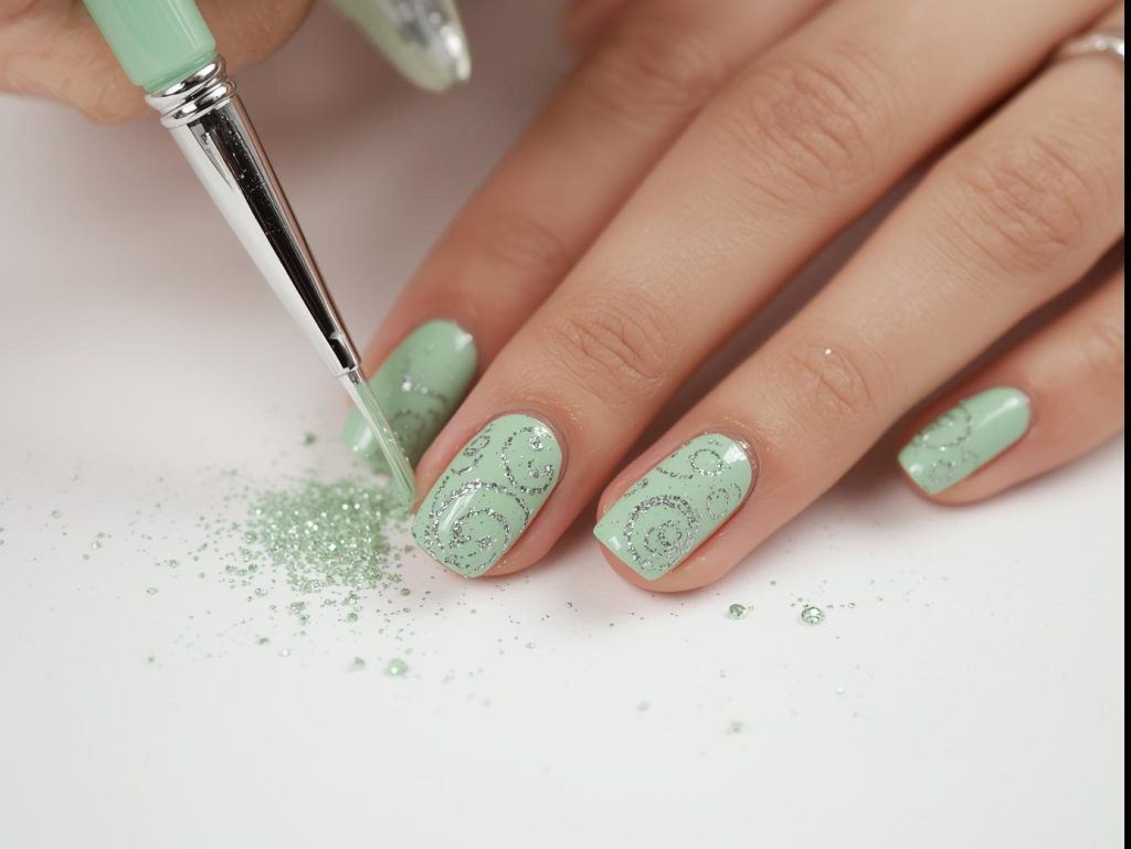  Creating soft mint green fairy nail art with glittery sparkle swirls.