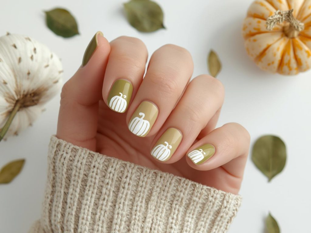 Creating olive green ombre white pumpkin nail art with white pumpkin patterns.