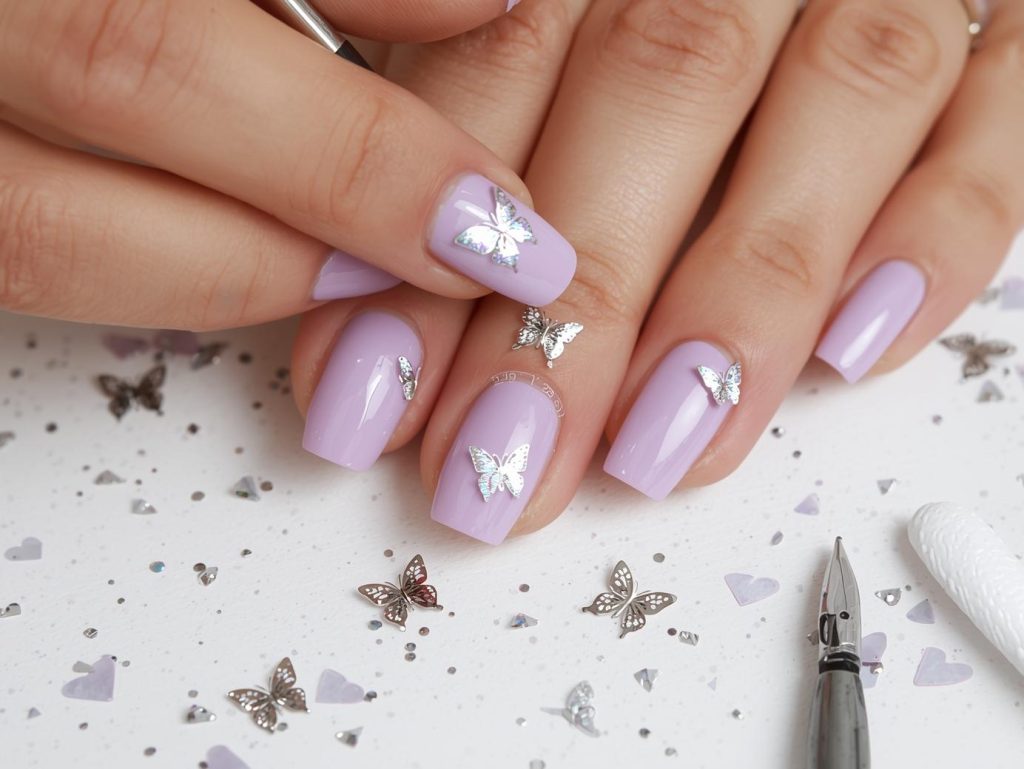  Creating soft lavender holographic butterfly manicure with holographic butterfly decals.
