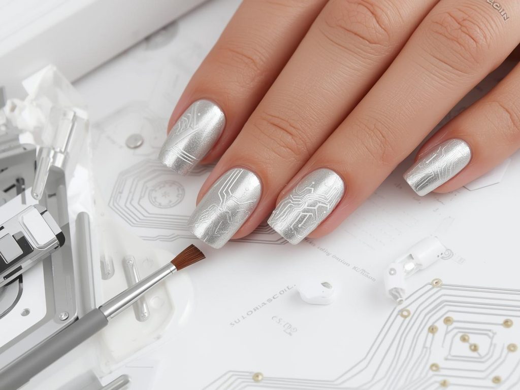 Metallic Silver Nail Designs: Sleek and Pinterest-Worthy Manicures to Adore 10 Creating polished silver white minimalist circuit nail art with white patterns.