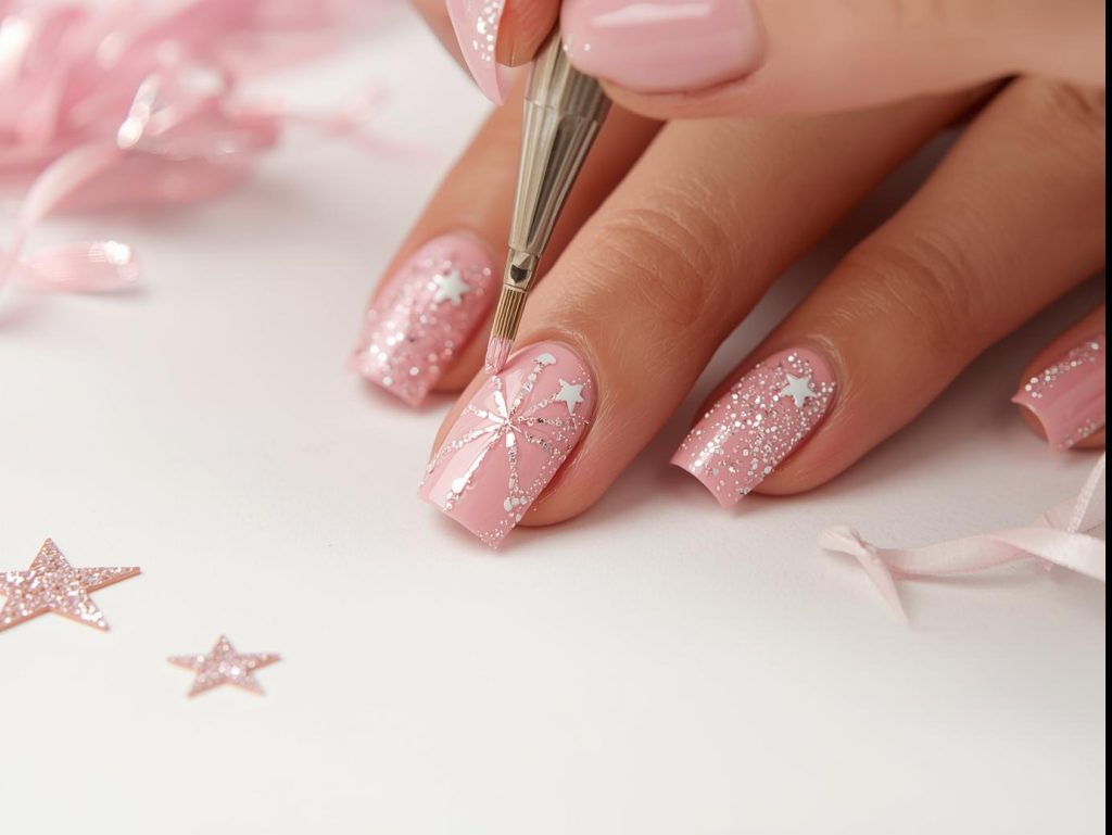 Creating soft pink unicorn nail art with glittery star bursts