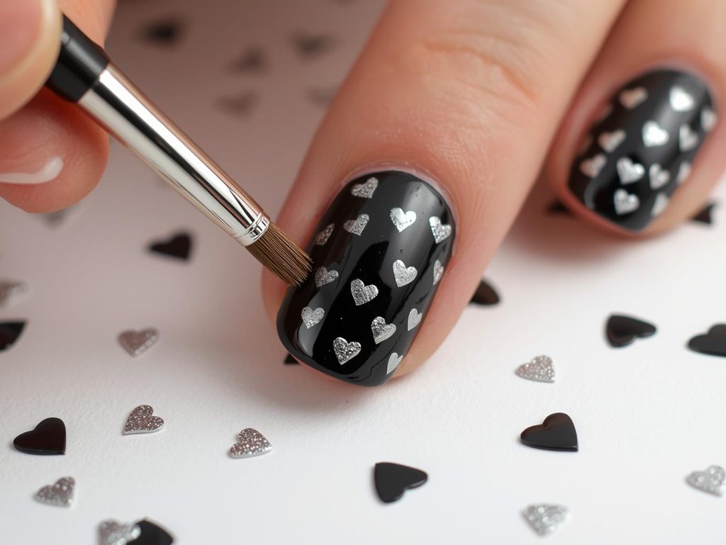 Heart Nail Designs: Romantic and Pinterest-Worthy Manicures to Adore 10 Creating glossy black silver heart nail art with silver heart patterns.