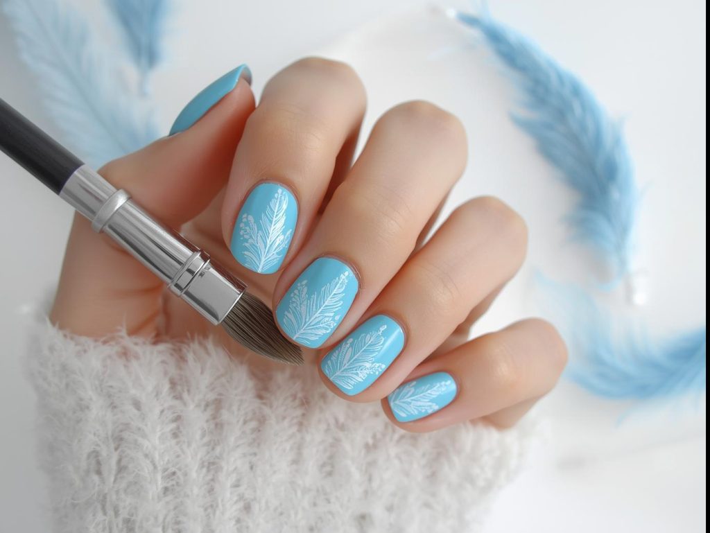 Sky Blue Nail Designs: Serene and Pinterest-Worthy Manicures to Adore 10 Creating vibrant sky blue feather nail art with white patterns